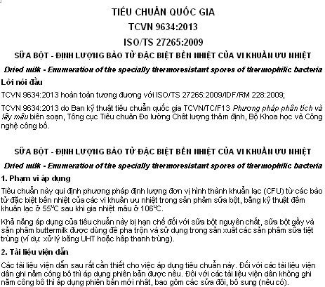 TCVN 9634-2013 - Sữa Bột - Định Lượng Bào Tử Đặc Biệt Bền Nhiệt Của Vi Khuẩn Ưu Nhiệt