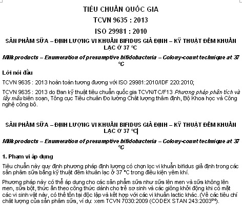 TCVN 9635-2013 - Sản Phẩm Sữa - Định Lượng Vi Khuẩn Bifidus Giả Định - Kỹ Thuật Đếm Khuẩn Lạc Ở 37°C