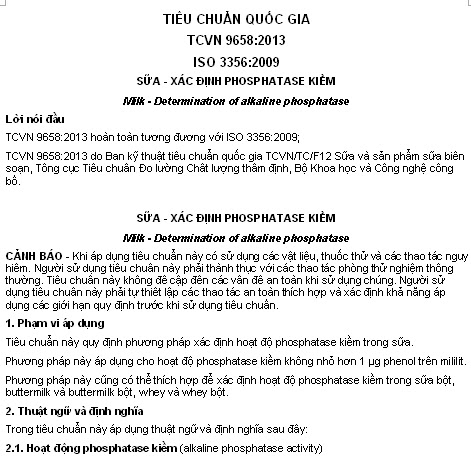 TCVN 9658-2013 - Sữa - Xác Định Phosphatase Kiềm