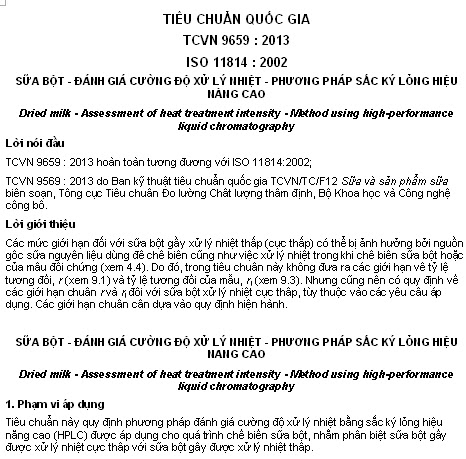 TCVN 9659-2013 - Sữa Bột - Đánh Giá Cường Độ Xử Lý Nhiệt - Phương Pháp Sắc Ký Lỏng Hiệu Năng Cao