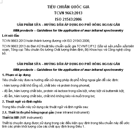 TCVN 9663-2013 - Sản Phẩm Sữa - Hướng Dẫn Áp Dụng Đo Phổ Hồng Ngoại Gần