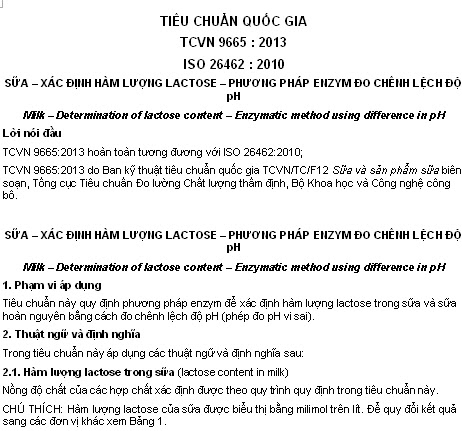 TCVN 9665-2013 - Sữa - Xác Định Hàm Lượng Lactose - Phương Pháp Enzym Đo Chênh Lệch Độ pH