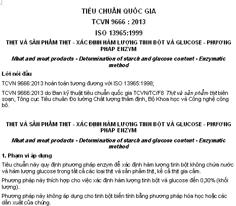 TCVN 9666-2013 - Thịt Và Sản Phẩm Thịt - Xác Định Hàm Lượng Tinh Bột Và Glucose - Phương Pháp Enzym