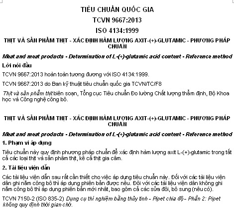 TCVN 9667-2013 - Thịt Và Sản Phẩm Thịt - Xác Định Hàm Lượng Axit-(+)-Glutamic - Phương Pháp Chuẩn