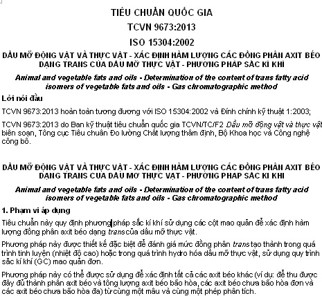 TCVN 9673-2013 - Dầu Mỡ Động Vật Và Thực Vật - Xác Định Hàm Lượng Các Đồng Phân Axit Béo Dạng Trans