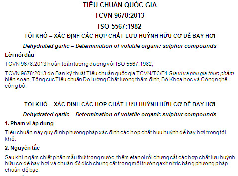 TCVN 9678-2013 - Tỏi Khô - Xác Định Các Hợp Chất Lưu Huỳnh Hữu Cơ Dễ Bay Hơi