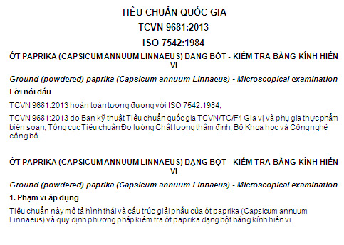 TCVN 9681-2013 - Ớt Paprika (Capsicum Annuum Linnaeus) Dạng Bột - Kiểm Tra Bằng Kính Hiển Vi