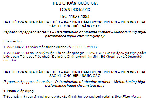 TCVN 9684-2013 - Hạt Tiêu Và Nhựa Dầu Hạt Tiêu - Xác Định Hàm Lượng Piperin - Phương Pháp Sắc Kí