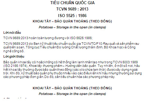 TCVN 9689-2013 - Khoai Tây - Bảo Quản Thoáng (Theo Đống)