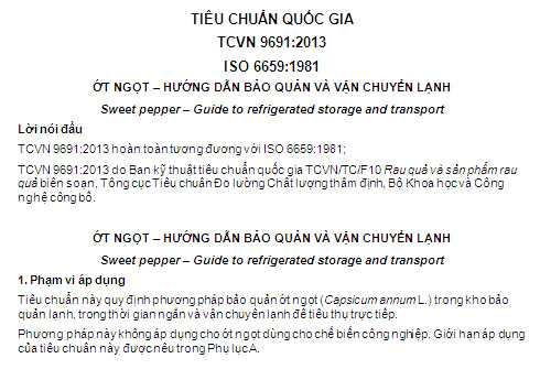 TCVN 9691-2013 - Ớt Ngọt - Hướng Dẫn Bảo Quản Và Vận Chuyển Lạnh