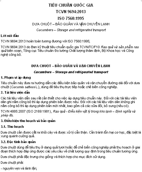 TCVN 9694-2013 - Dưa Chuột - Bảo Quản Và Vận Chuyển Lạnh