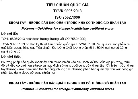 TCVN 9695-2013 - Khoai Tây - Hướng Dẫn Bảo Quản Trong Kho Có Thông Gió Nhân Tạo