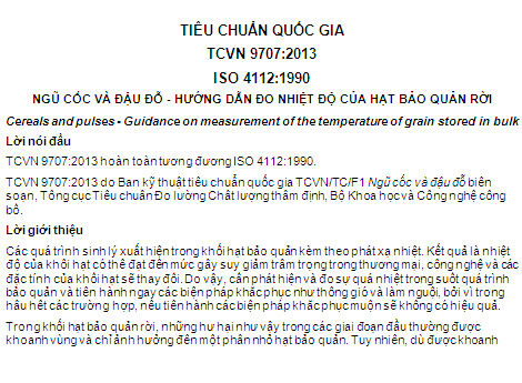 TCVN 9707-2013 - Ngũ Cốc Và Đậu Đỗ - Hướng Dẫn Đo Nhiệt Độ Của Hạt Bảo Quản Rời