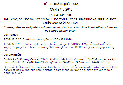 TCVN 9710-2013 - Ngũ Cốc Đậu Đỗ Và Hạt Có Dầu - Đo Tổn Thất Áp Suất Không Khí Thổi Một Chiều