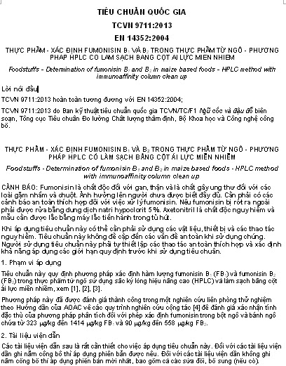 TCVN 9711-2013 - Thực Phẩm - Xác Định Fumonisin B1 Và B2 Trong Thực Phẩm Từ Ngô