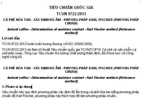 TCVN 9722-2013 - Cà Phê Hòa Tan - Xác Định Độ Ẩm - Phương Pháp Karl Fischer (Phương Pháp Chuẩn)