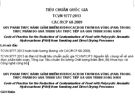 TCVN 9777-2013 - Quy Phạm Thực Hành Giảm Nhiễm Hydrocacbon Thơm Đa Vòng (Pah) Trong Thực Phẩm