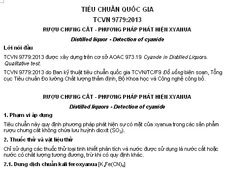 TCVN 9779-2013 - Rượu Chưng Cất - Phương Pháp Phát Hiện Xyanua
