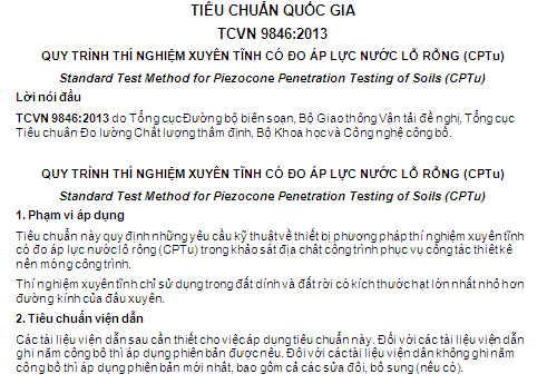 TCVN 9846-2013 - Quy Trình Thí Nghiệm Xuyên Tĩnh Có Đo Áp Lực Nước Rỗng (CPTu)