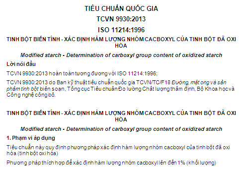 TCVN 9930-2013 - Tinh Bột Biến Tính - Xác Định Hàm Lượng Nhóm Cacboxyl Của Tinh Bột Đã Oxi Hóa