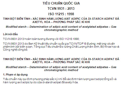 TCVN 9931-2013 - Tinh Bột Biến Tính - Xác Định Hàm Lượng Axit Adipic Của Di-Starch Adipat