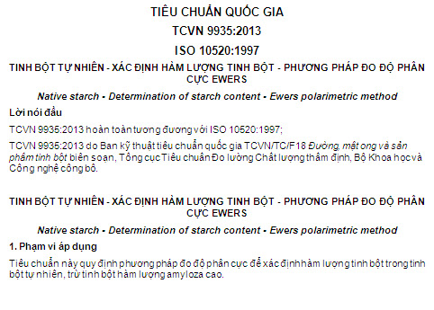 TCVN 9935-2013 - Tinh Bột Tự Nhiên - Xác Định Hàm Lượng Tinh Bột - Phương Pháp Đo Độ Phân Cực Ewers