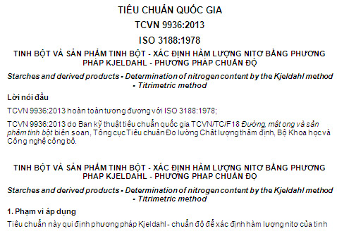 TCVN 9936-2013 - Tinh Bột Và Sản Phẩm Tinh Bột - Xác Định Hàm Lượng Nitơ Bằng Phương Pháp Kjeldahl