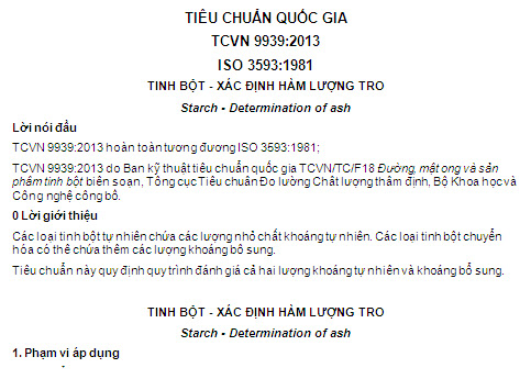 TCVN 9939-2013 - Tinh Bột - Xác Định Hàm Lượng Tro