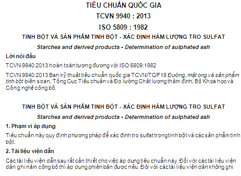 TCVN 9940-2013 - Tinh Bột Và Sản Phẩm Tinh Bột - Xác Định Hàm Lượng Tro Sulfat