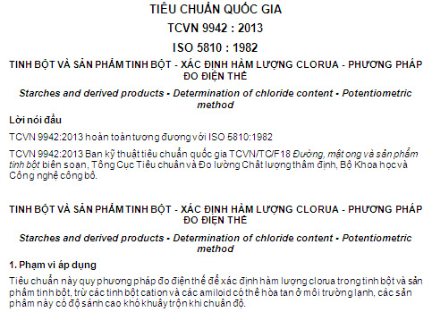 TCVN 9942-2013 - Tinh Bột Và Sản Phẩm Tinh Bột - Xác Định Hàm Lượng Clorua - Phương Pháp Đo Điện Thế