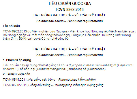 TCVN 9962-2013 - Hạt Giống Rau Họ Cà - Yêu Cầu Kỹ Thuật