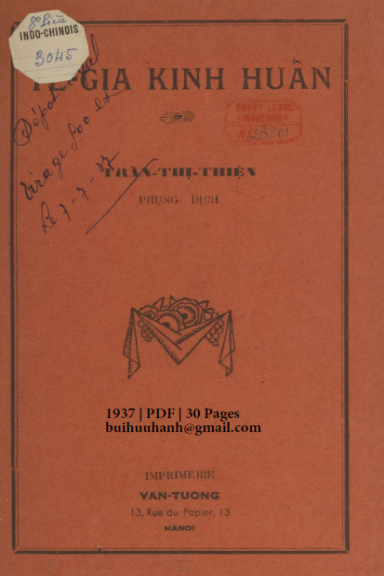 Tề Gia Kinh Huấn (NXB Vạn Tường 1937) - Trần Thị Thiện, 30 Trang