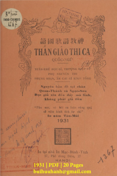Thần Giáo Thi Ca Quốc Ngữ (NXB Mạc Đình Tích 1931) - Xuân Khê, 20 Trang