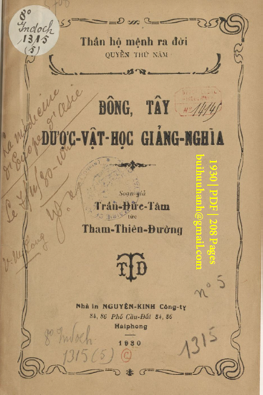 Thần Hộ Mệnh Ra Đời Quyển 5-Dược Vật Học (NXB Nguyễn Kính 1930) - Trần Đức Tâm, 208 Trang