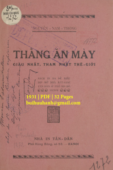Thằng Ăn Mày Giàu Nhất Tham Nhất Thế Giới (NXB Tân Dân 1931) - Nguyễn Nam Thông, 32 Trang