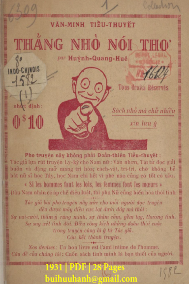 Thằng Nhỏ Nói Thơ (NXB Đức Lưu Phương 1931) - Huỳnh Quang Huê, 28 Trang