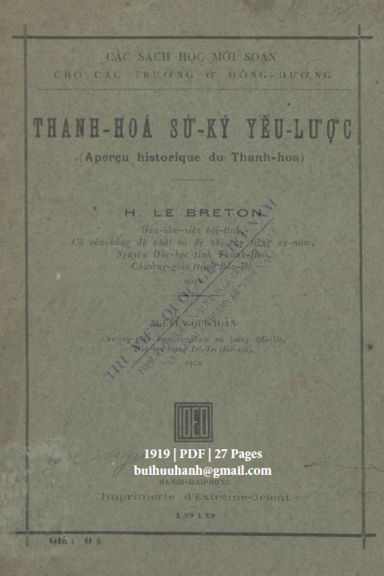 Thanh Hóa Sử Ký Yếu Lược (NXB Hà Nội 1919) - Le Breton, 27 Trang