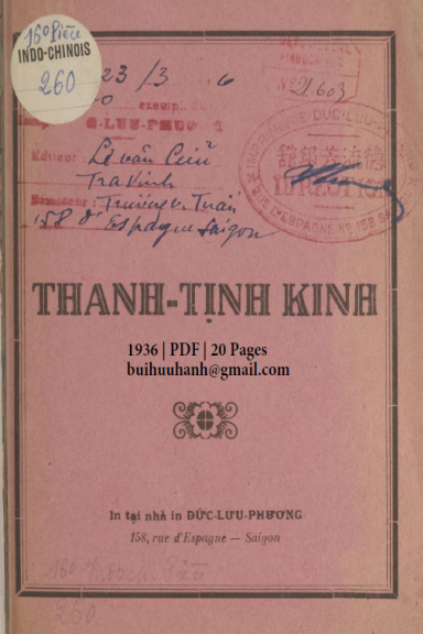 Thanh Tịnh Kinh (NXB Đức Lưu Phương 1936) - Lê Văn Cữu, 20 Trang