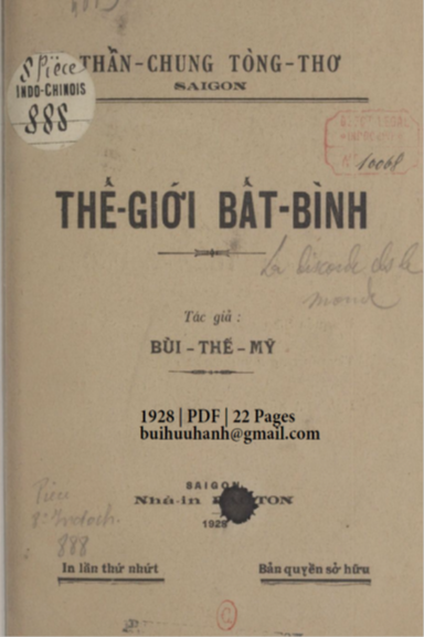 Thế Giới Bất Bình (NXB Bảo Tồn 1928) - Bùi Thế Mỹ, 22 Trang