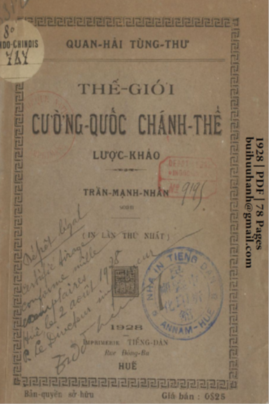 Thế Giới Cường Quốc Chánh Thể Lược Khảo (NXB Tiếng Dân 1928) - Trần Mạnh Nhẫn, 78 Trang