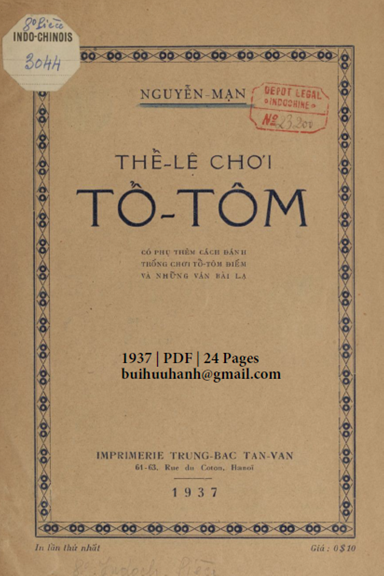 Thể Lệ Chơi Tổ Tôm (NXB Trung Bắc Tân Văn 1937) - Nguyễn Mạn, 24 Trang