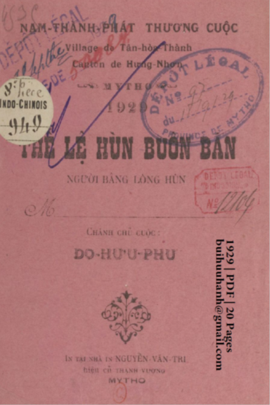 Thể Lệ Hùn Buôn Bán (NXB Nguyễn Văn Tri 1929) - Đỗ Hữu Phu, 20 Trang