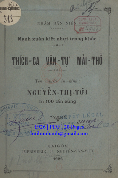 Thích Ca Văn Tự Mải Thổ (NXB Nguyễn Văn Việt 1926) - Nguyễn Thị Tới, 20 Trang
