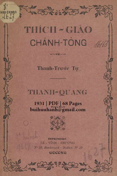 Thích Giáo Chánh Tông (NXB Lê Vĩnh Trường 1931) - Thanh Trước Tự, 68 Trang