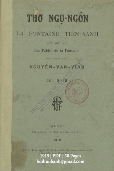 Thơ Ngụ Ngôn Của La Fontaine Tiên Sinh (NXB Trung Bắc Tân Văn 1919) - Nguyễn Văn Vĩnh, 50 Trang