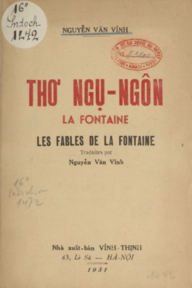 Thơ Ngụ Ngôn (NXB Vĩnh Thịnh 1951) - Nguyễn Văn Vĩnh, 116 Trang