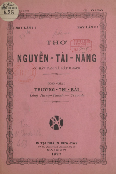 Thơ Nguyễn Tài Năng (NXB Xưa Nay 1927) - Trương Thị Bài, 36 Trang