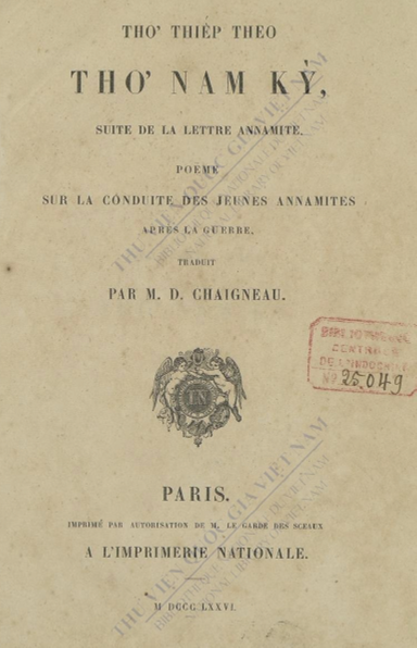 Thơ Tiếp Theo Thơ Nam Kỳ (NXB Paris 1876) - M. D. Chaigneau, 24 Trang