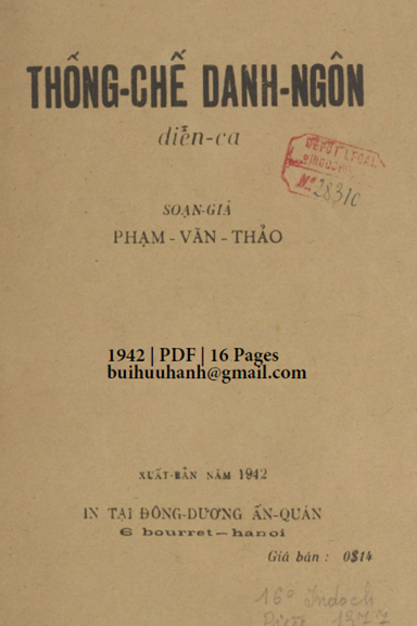 Thống Chế Danh Ngôn Diễn Ca (NXB Đông Dương 1942) - Phạm Văn Thảo, 16 Trang