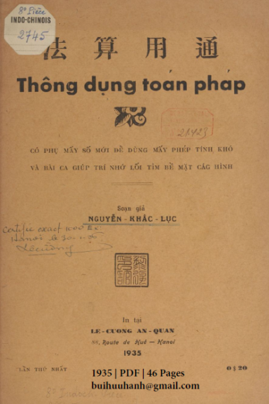 Thông Dụng Toán Pháp (NXB Lê Cường 1935) - Nguyễn Khắc Lục, 46 Trang